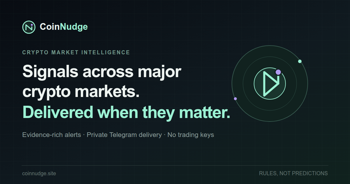 CoinNudge crypto market signal methodology covering evidence-rich alerts, private Telegram delivery and rule-based monitoring